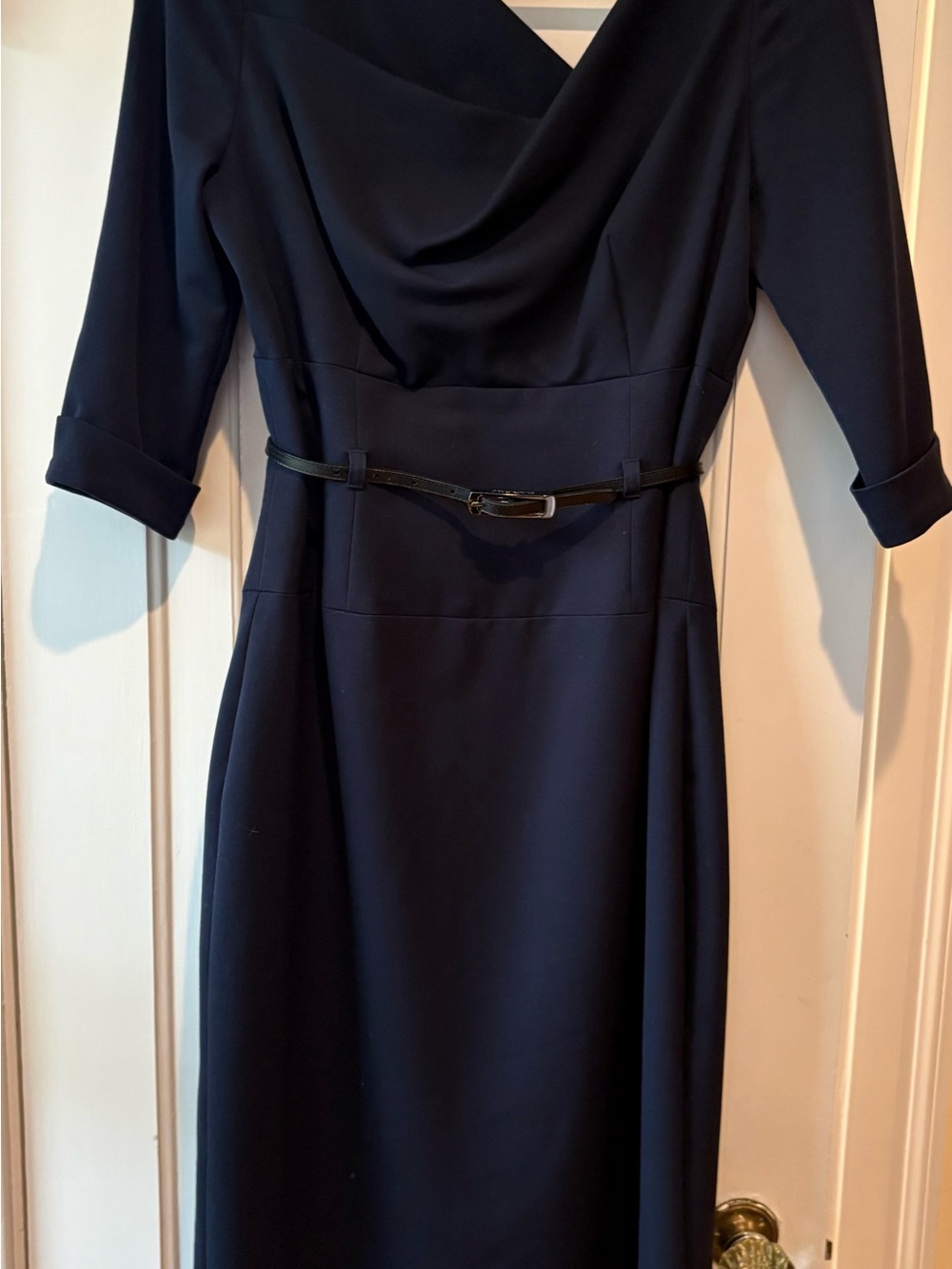 Black Halo Navy Draped Neck Long Sleeve Sheath Dress